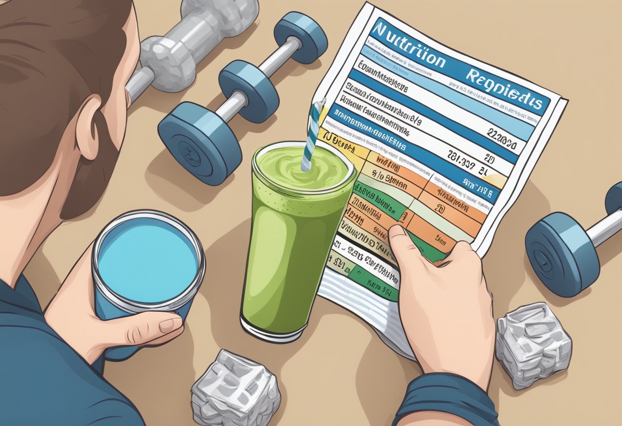 A person reading a nutrition label with a protein shake and dumbbells nearby