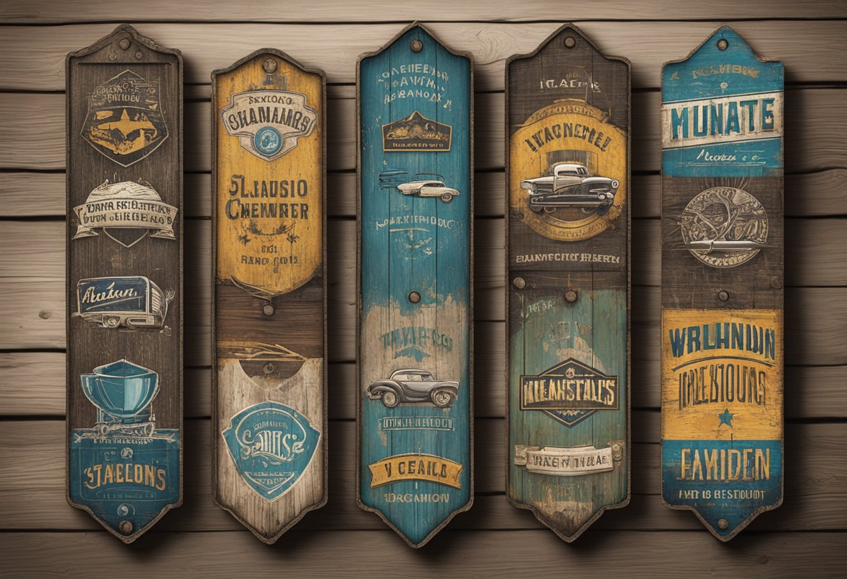 A collection of custom metal signs hanging on a weathered wooden wall, each one featuring unique designs and intricate details