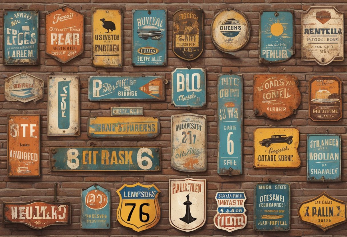 Several weathered vintage metal signs hung on a brick wall, each with unique designs and colors. Rust and chipped paint added character to the nostalgic scene