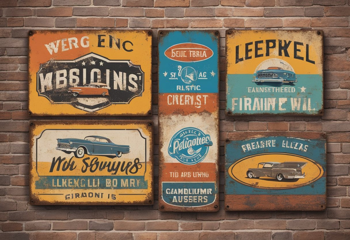 Vintage metal signs hang on weathered brick walls, bearing faded logos and slogans from bygone eras. Rust and patina add character to the weathered surfaces