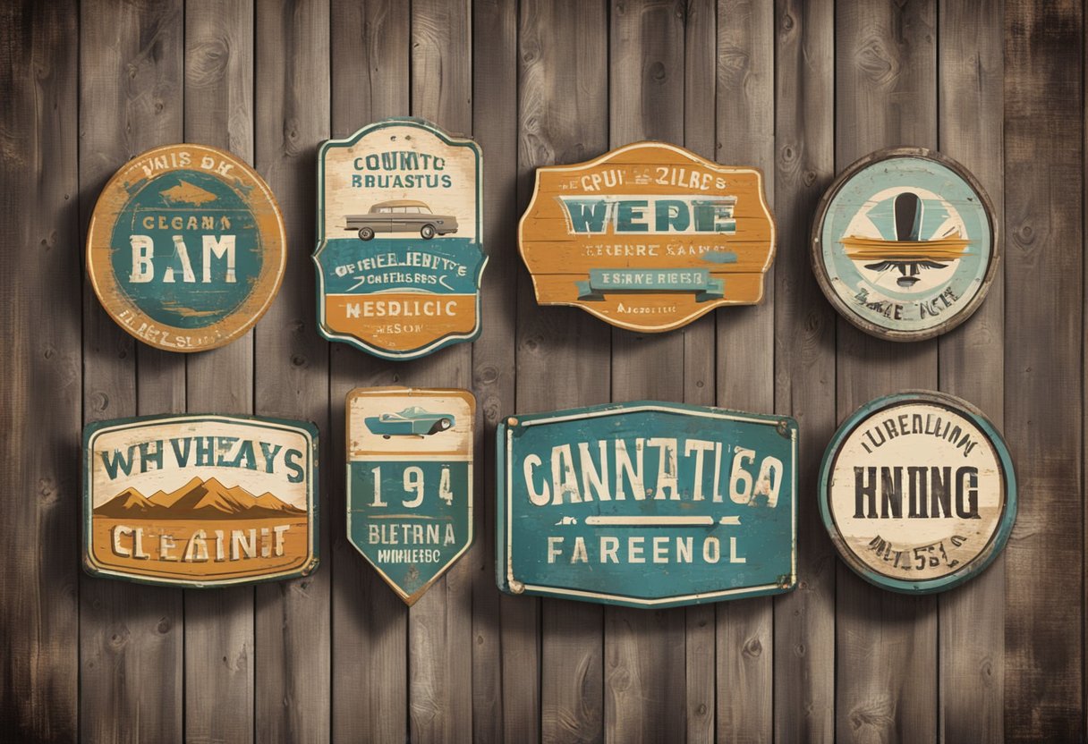 A collection of weathered vintage metal signs hanging on a rustic wooden wall, each displaying unique retro designs and faded colors