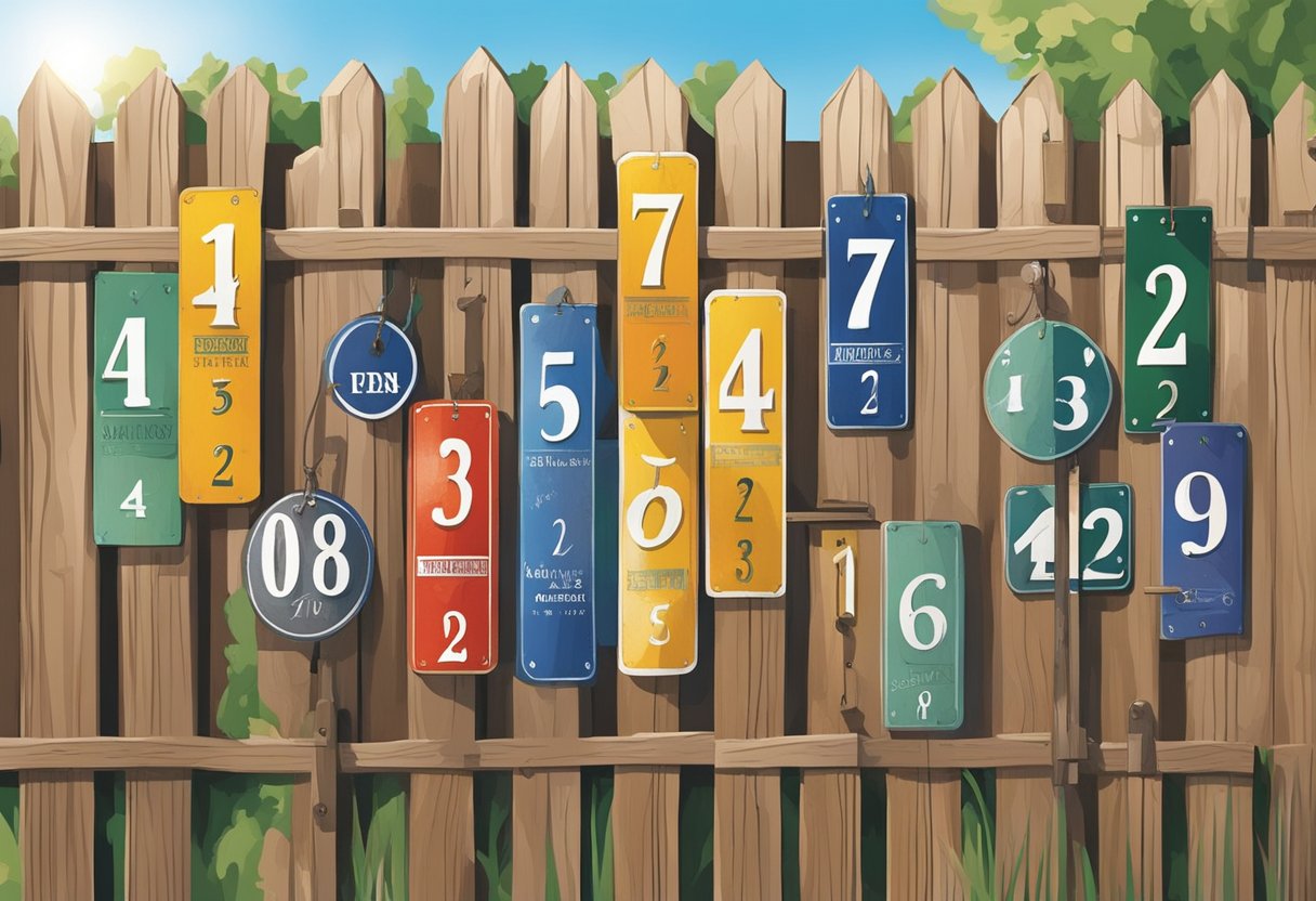 Metal address signs hang on a wooden fence, catching the sunlight. Each sign is uniquely designed with bold numbers and letters