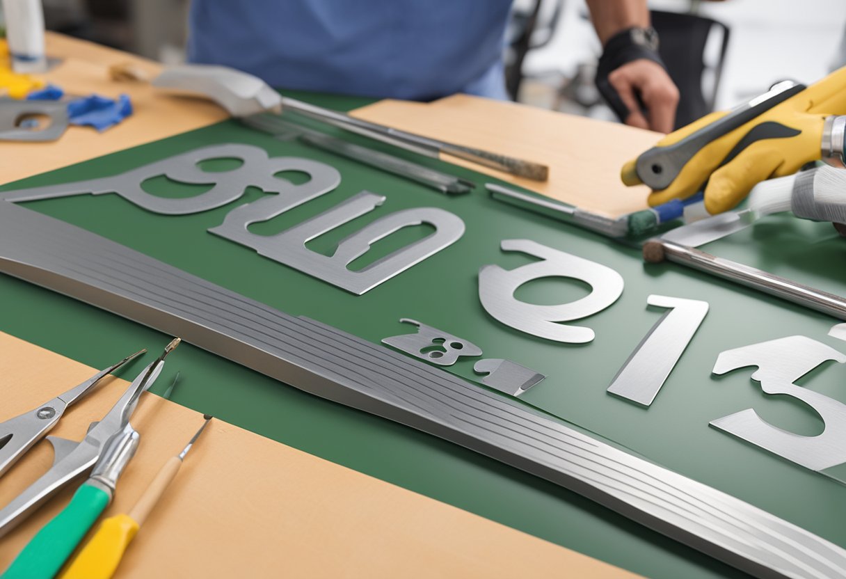 A metal address sign being customized with engraving tools and paint