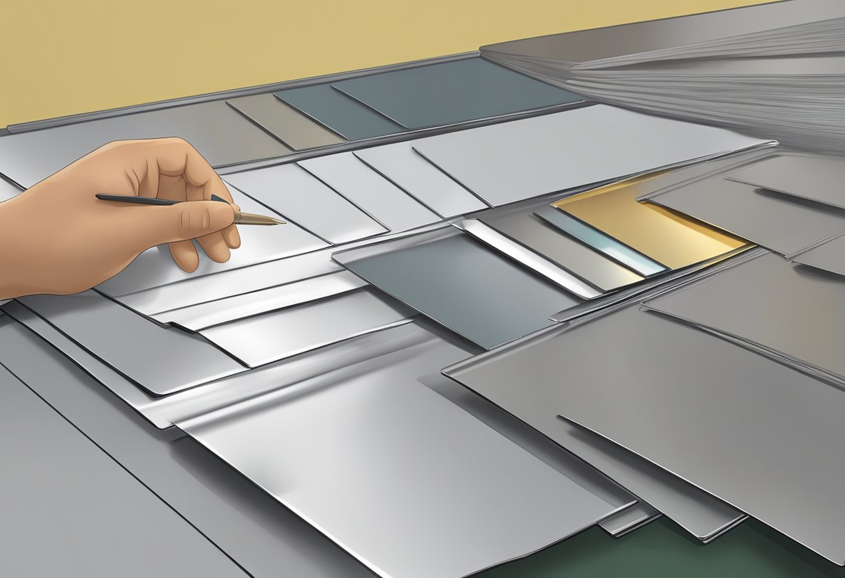 A hand selecting metal sheets and paint for address signs