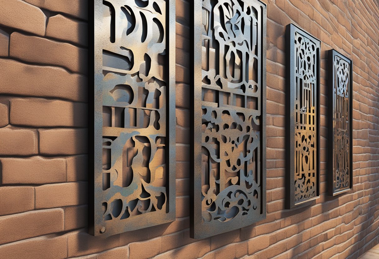Laser-cut metal signs hang on a weathered brick wall, casting intricate shadows in the afternoon sun