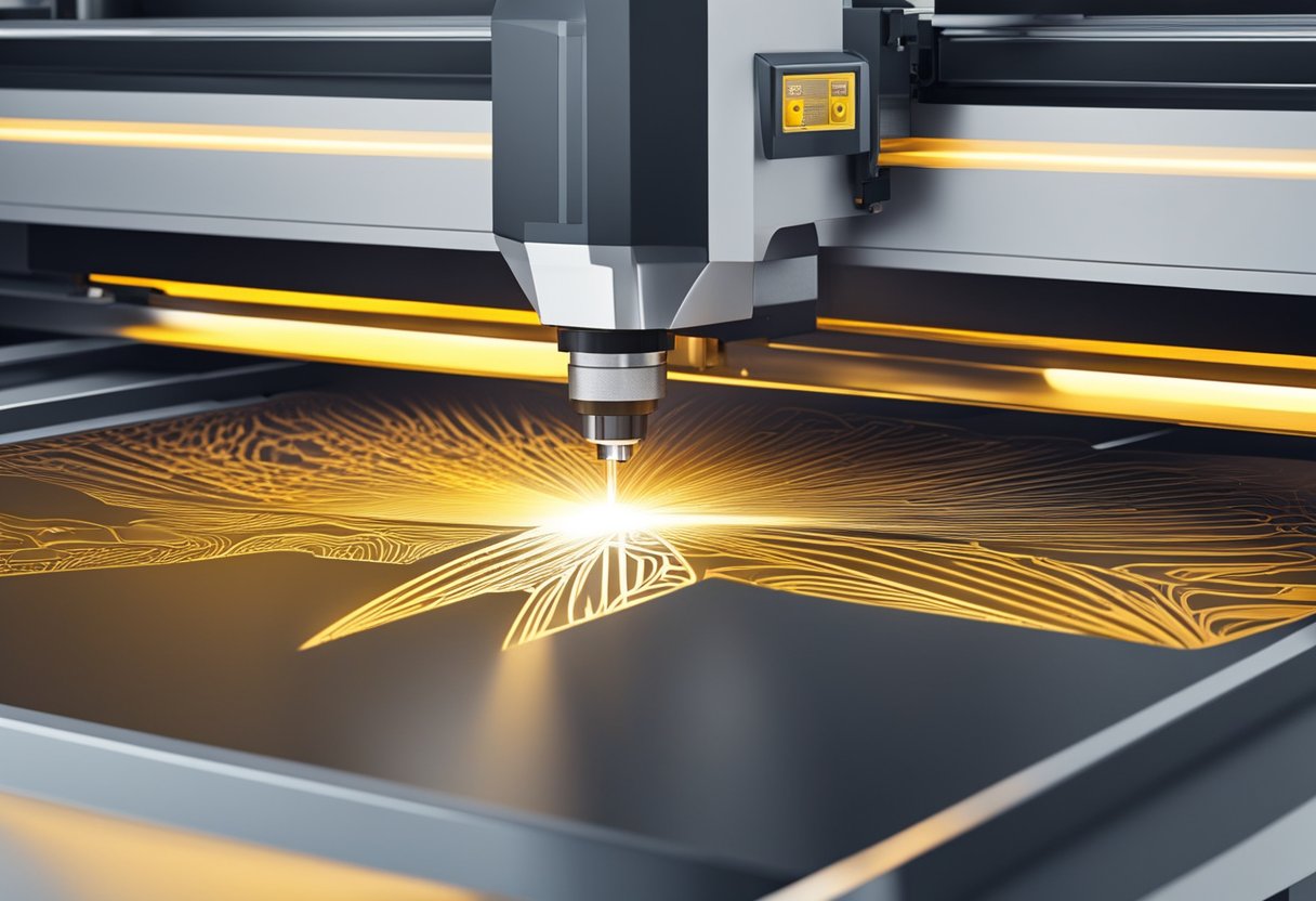 A laser cutting machine etches intricate designs onto metal sheets for signs. The machine's laser beam moves rapidly, creating precise and detailed patterns