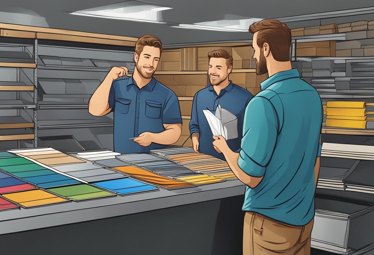 A customer selects a design from a catalog and discusses custom options with a salesperson at a metal sign shop