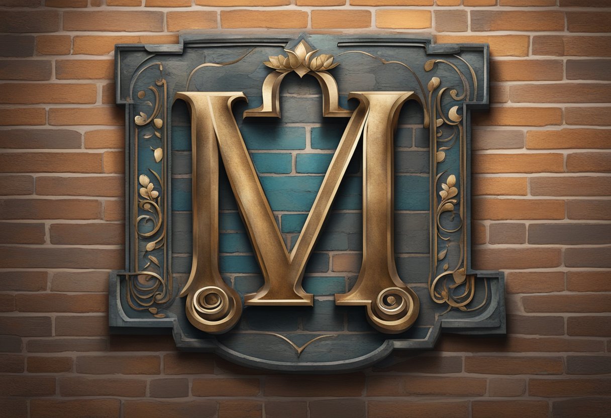 Metal monogram signs hang on a weathered brick wall, catching the light with elegant curves and intricate details