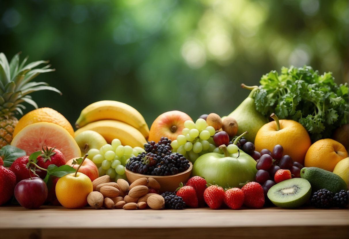 A colorful array of fruits, vegetables, nuts, and grains arranged on a table, with vibrant green leaves and ripe produce