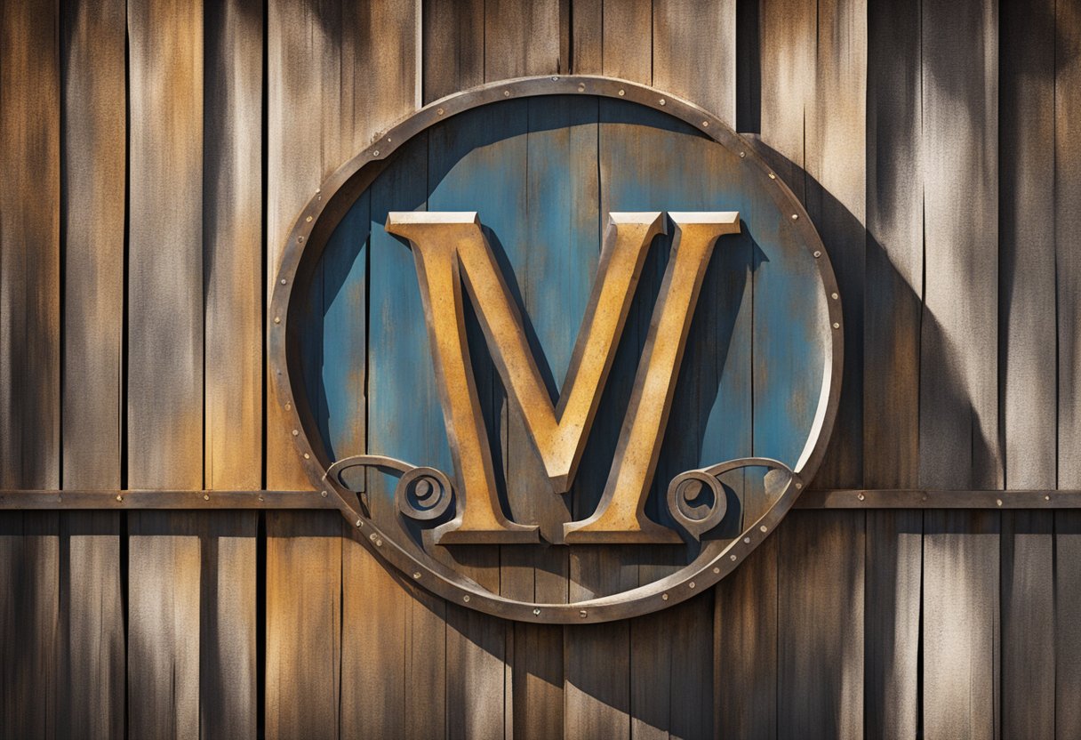 A metal monogram sign hangs on a weathered barn, rust-free and gleaming in the sunlight