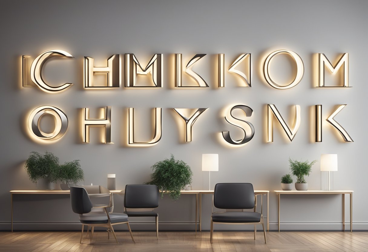 Metal monogram signs hang on a white wall, evenly spaced and illuminated by spotlights. The sleek, modern design creates a striking visual display