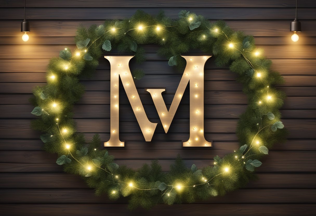 A metal monogram sign hangs on a rustic wooden wall, surrounded by twinkling fairy lights and greenery