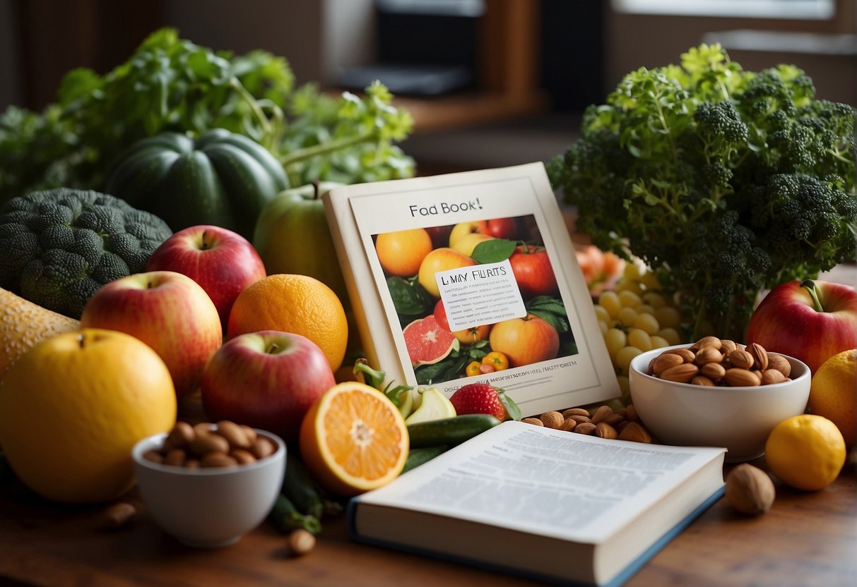 A colorful array of fruits, vegetables, nuts, and grains arranged on a table with a "Plant-Based Food List" book open beside them