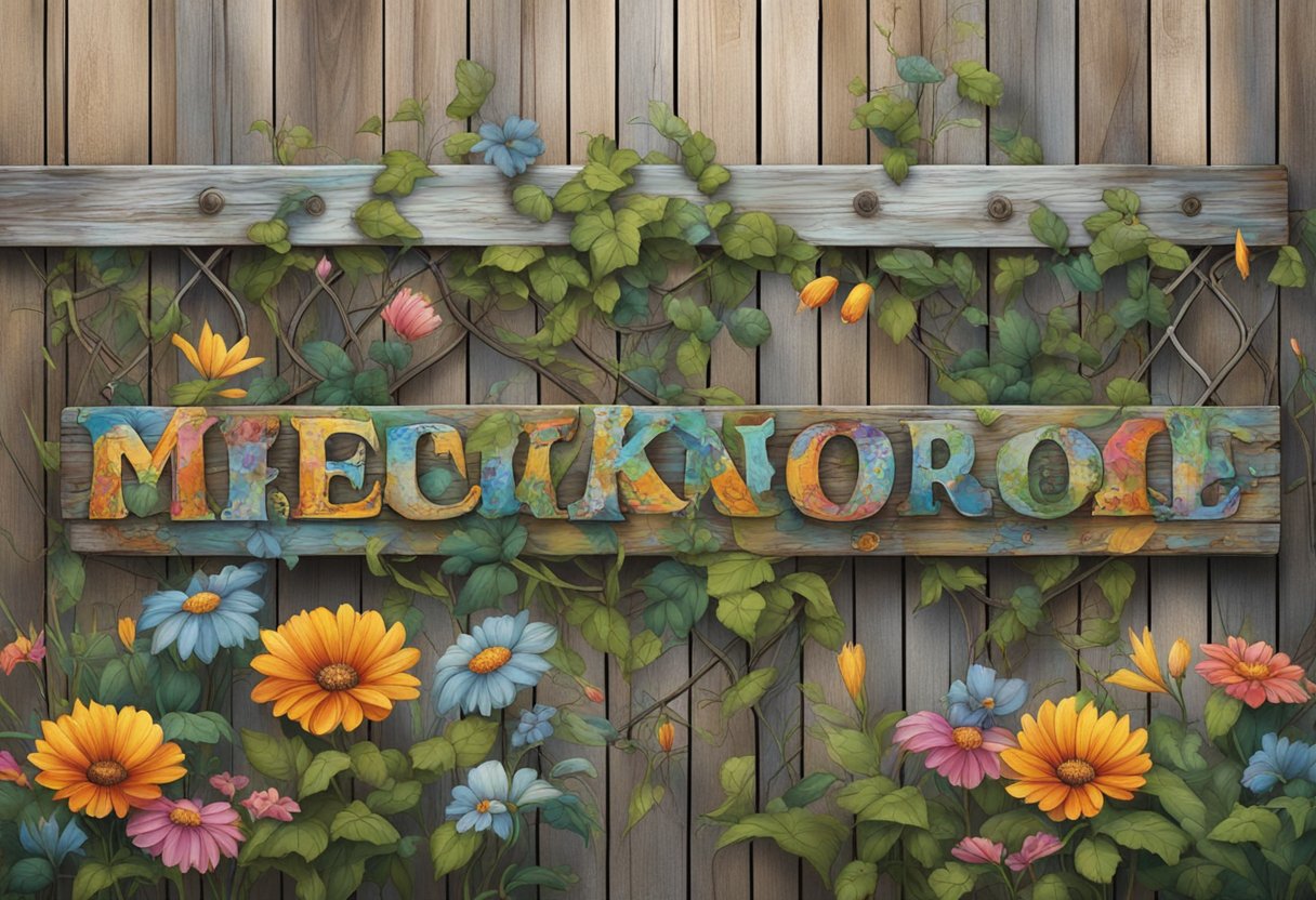 Metal art signs hanging on weathered wooden fence, rusted and painted with intricate designs and bold lettering. Surrounded by overgrown vines and colorful flowers