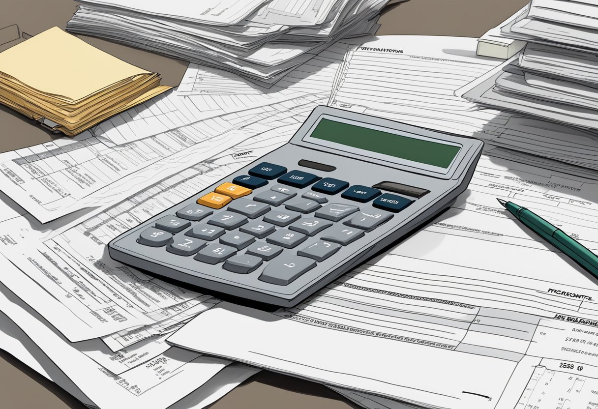A stack of Form 1099 NEC documents arranged neatly on a desk, with a pen and calculator nearby