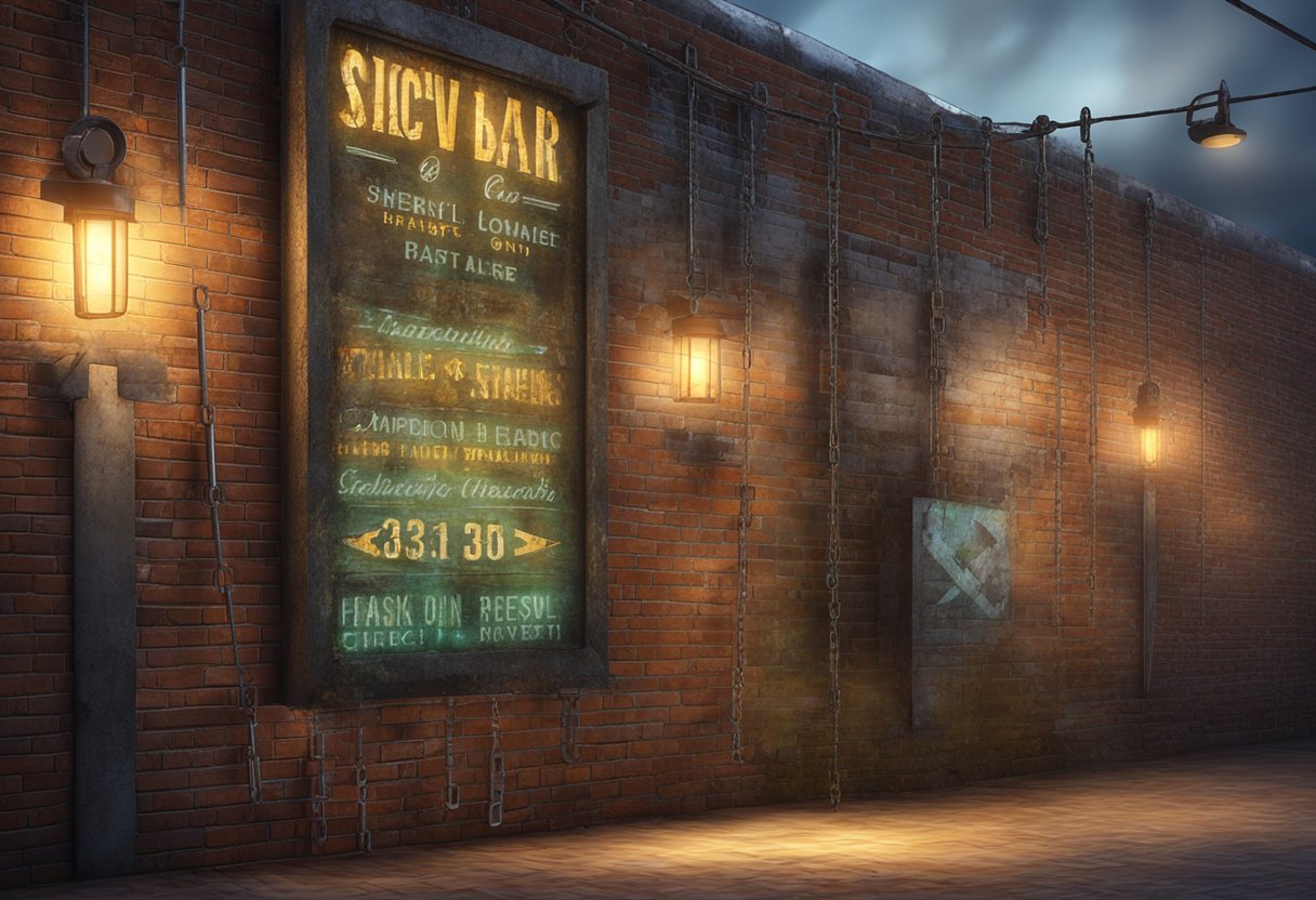 Metal bar signs hang from a weathered brick wall, with rusted chains and flickering lights