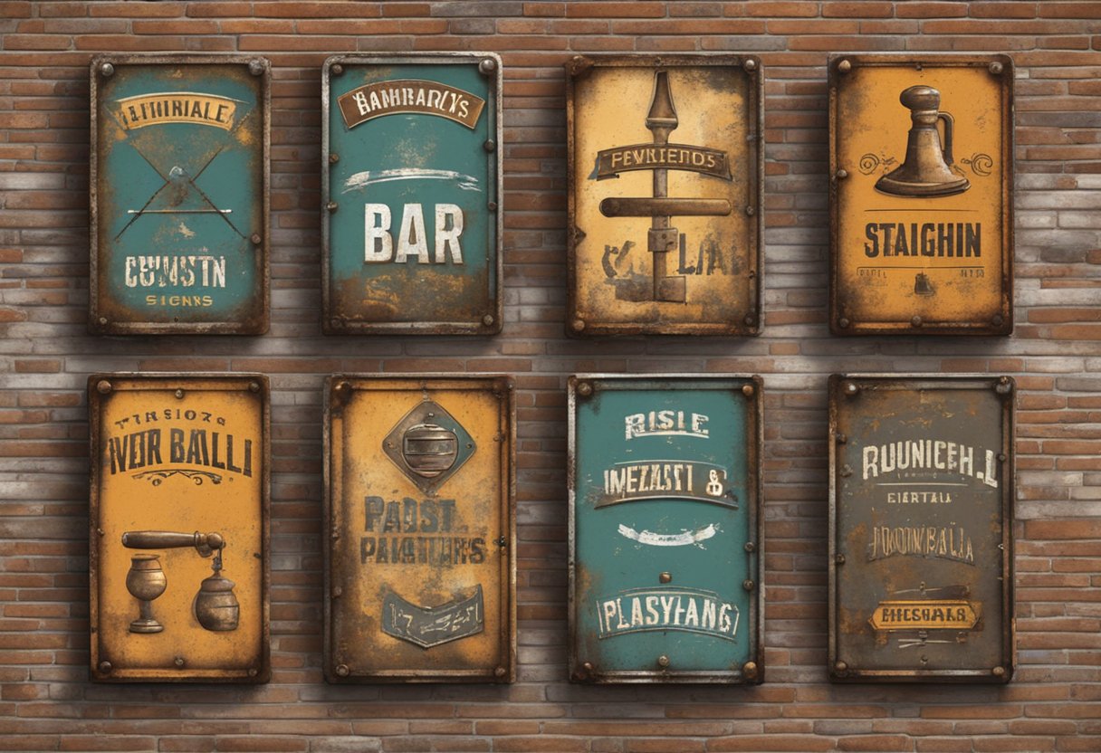 Several metal bar signs hanging on a weathered brick wall, with rust and patina adding character to the durable materials