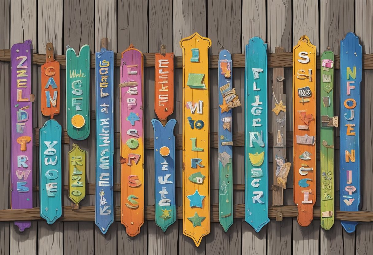 Colorful metal signs with humorous phrases, hanging on a weathered wooden fence. A variety of shapes and sizes, with bold lettering and cartoon-like illustrations
