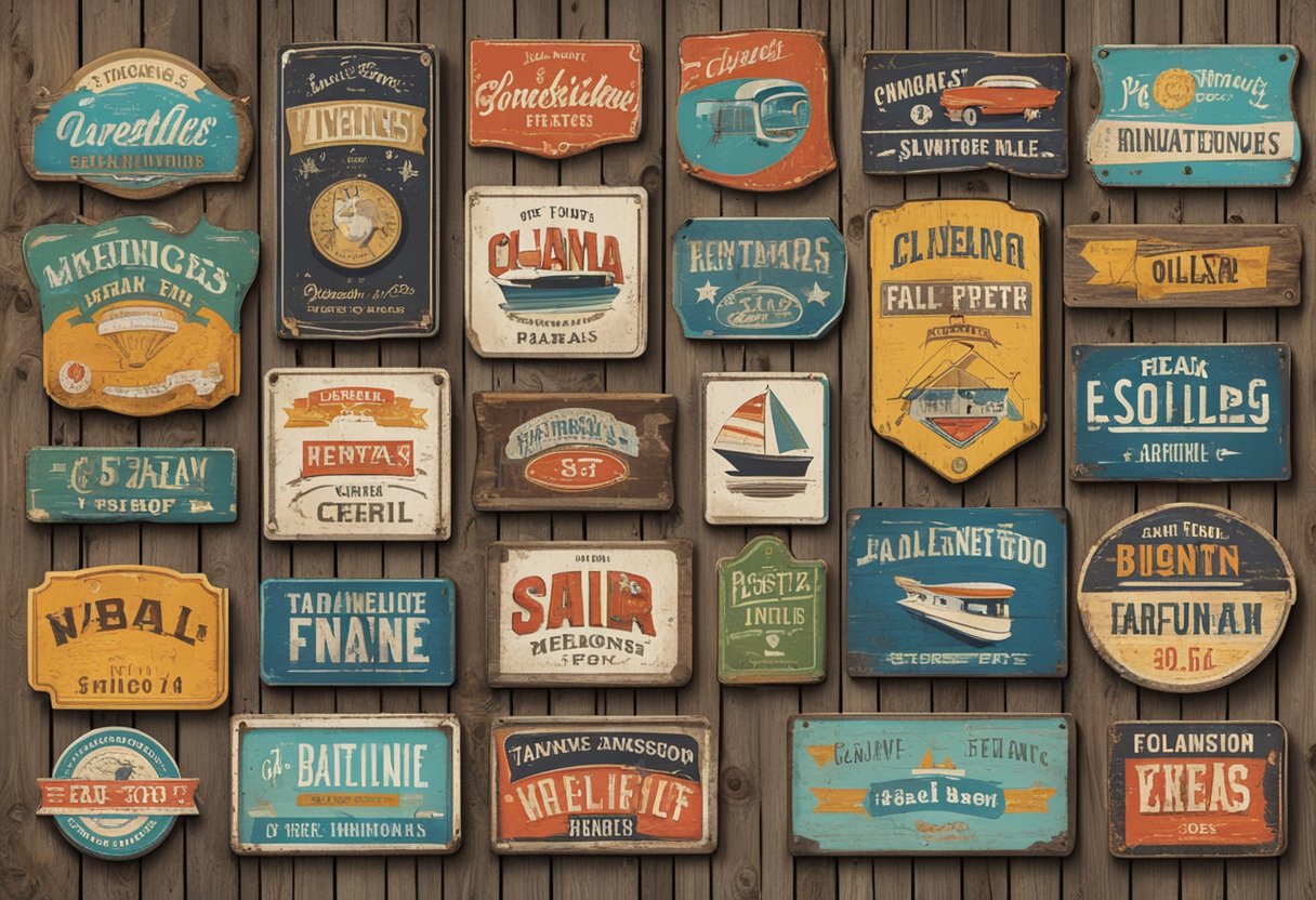 A collection of vintage metal signs hang on a weathered wooden wall, depicting humorous slogans and quirky illustrations