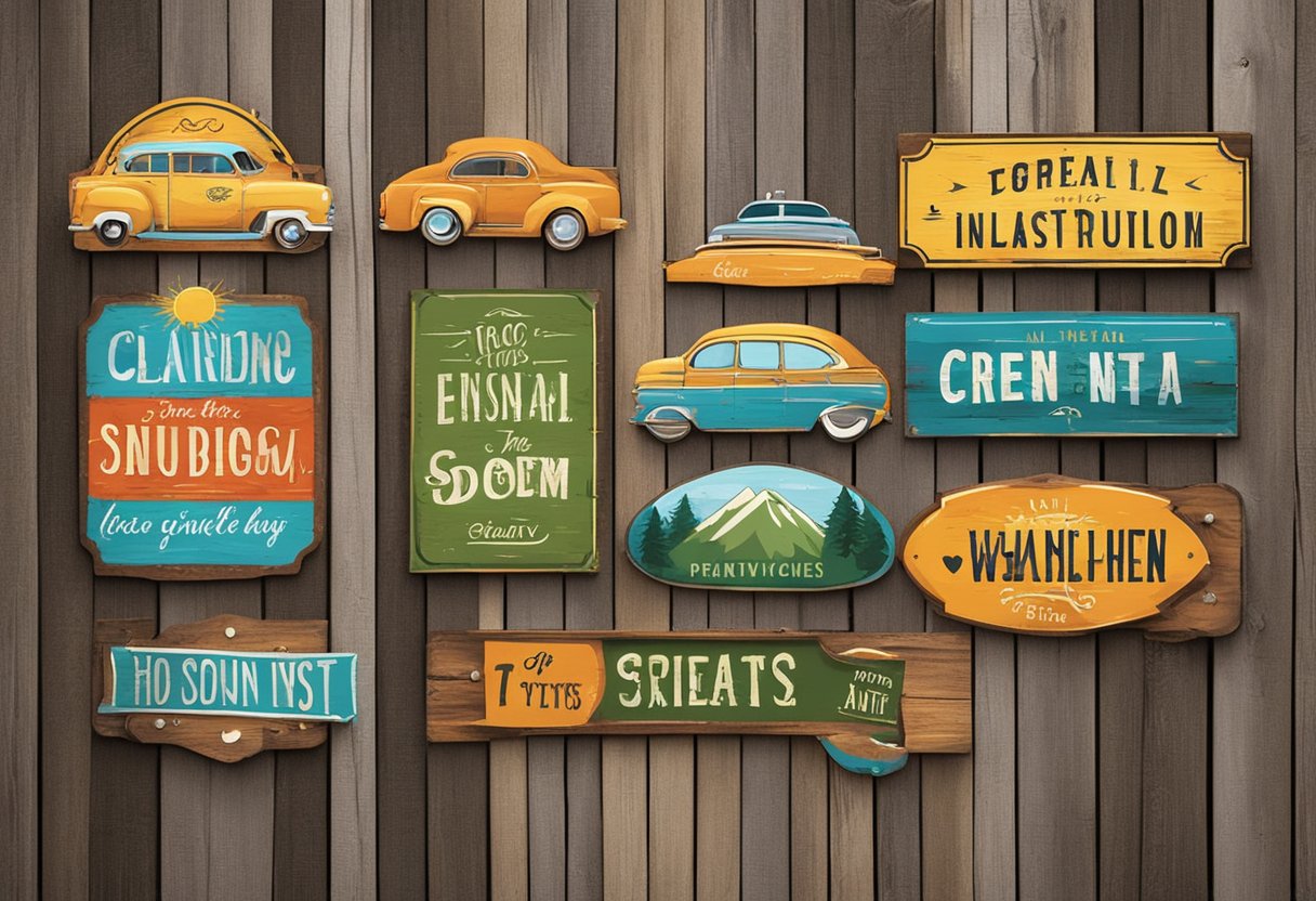 Colorful, quirky metal signs hang on a rustic wooden wall, each uniquely handmade with witty phrases and designs. The sunlight casts a warm glow, highlighting the craftsmanship of the custom signage