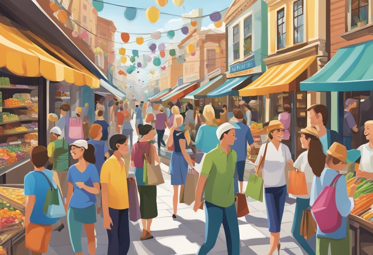 Colorful metal signs hang in a bustling marketplace, each with a humorous shopping-related message. Shoppers smile as they pass by, enjoying the playful and eye-catching displays