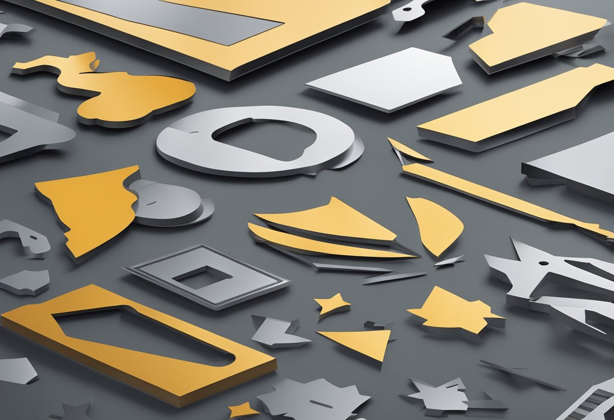 Metal signs cut out in various shapes and sizes, scattered on a workbench