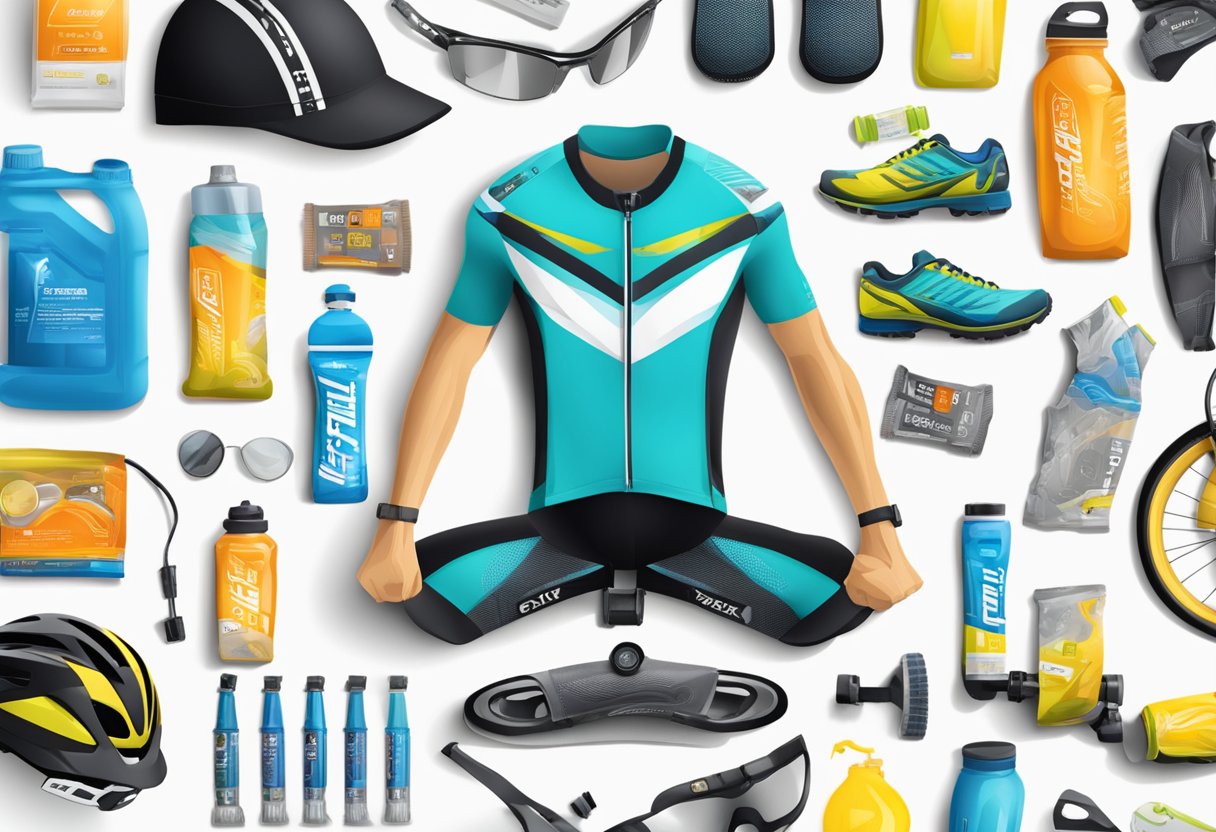 A table with a helmet, goggles, running shoes, bike shoes, water bottles, energy gels, bike pump, tire repair kit, race bib, race belt, sunscreen, and nutrition bars