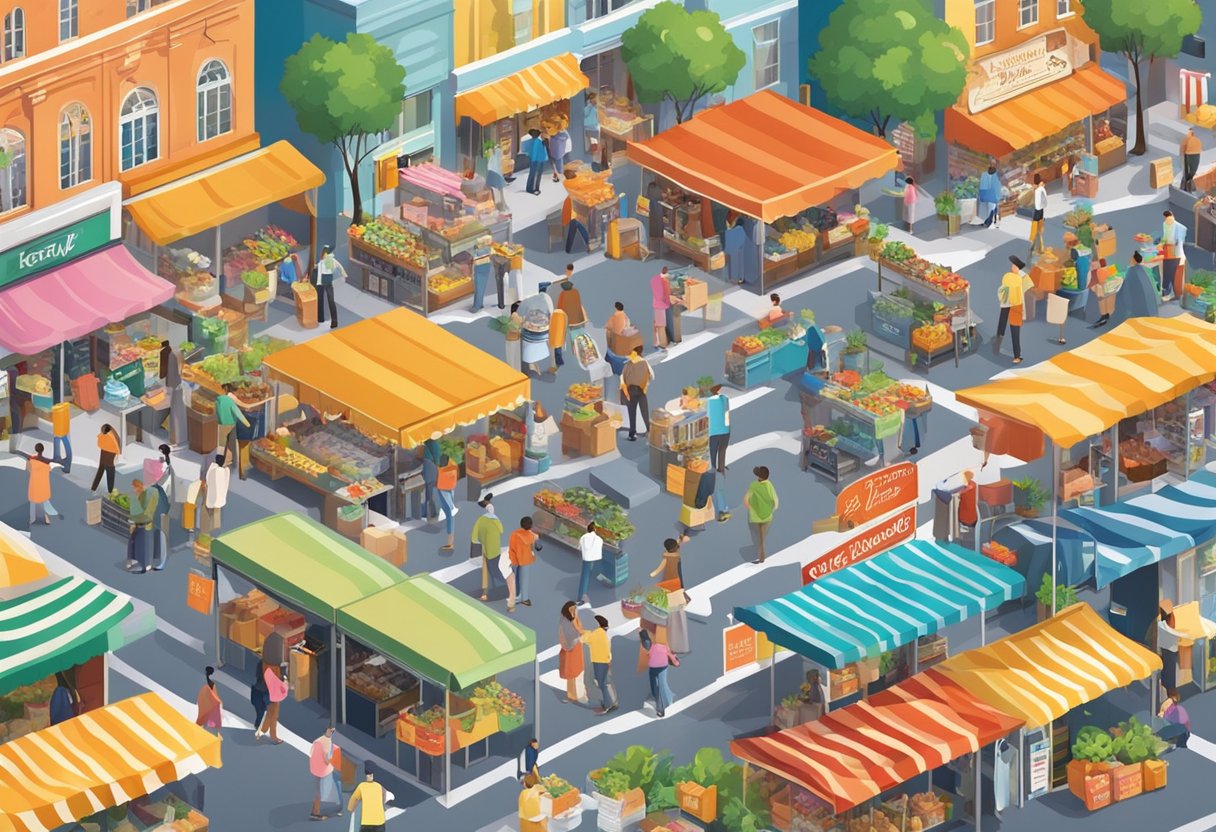 Colorful marketplace with cut-out metal signs, bustling with activity and support. Vibrant and diverse, the signs add a unique charm to the scene
