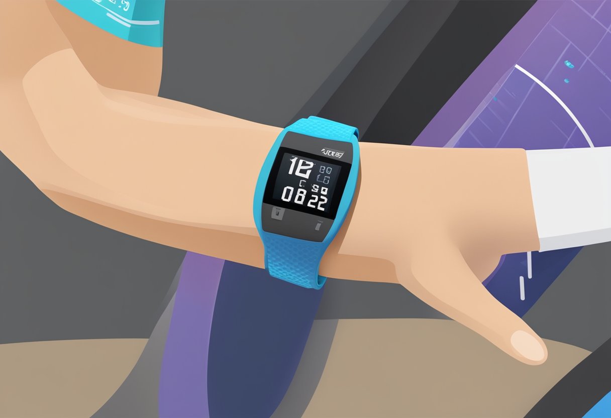 A runner's wristband displays real-time glucose levels during a marathon