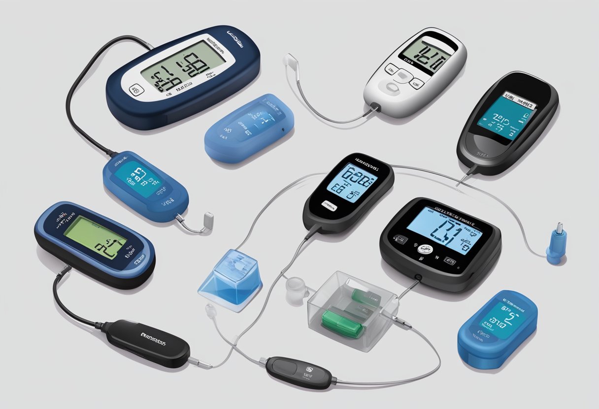 A display of various continuous glucose monitors, with focus on durability and accuracy, surrounded by endurance-related imagery