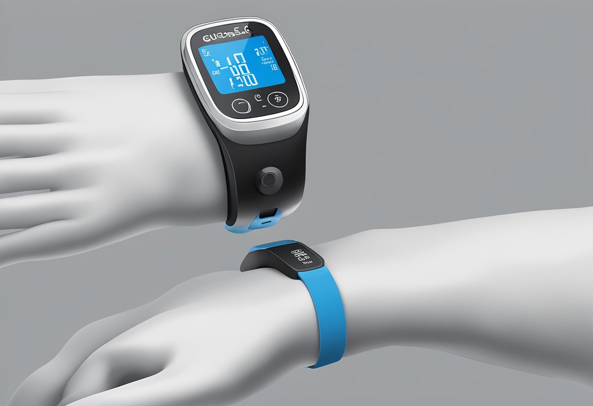 A sleek, high-tech continuous glucose monitor attached to an athlete's arm, with a digital display showing real-time glucose levels