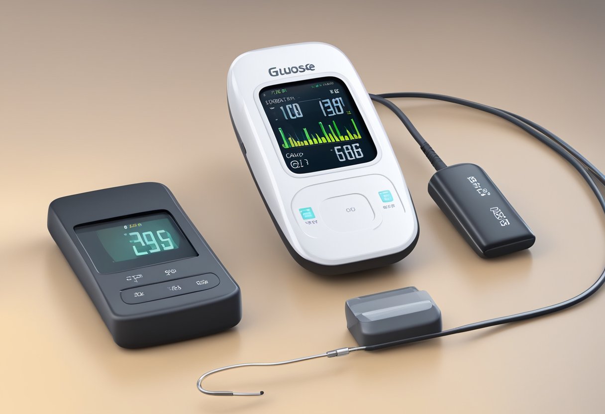 A sleek, modern continuous glucose monitor with data analysis software. Graphs and charts display glucose levels over time