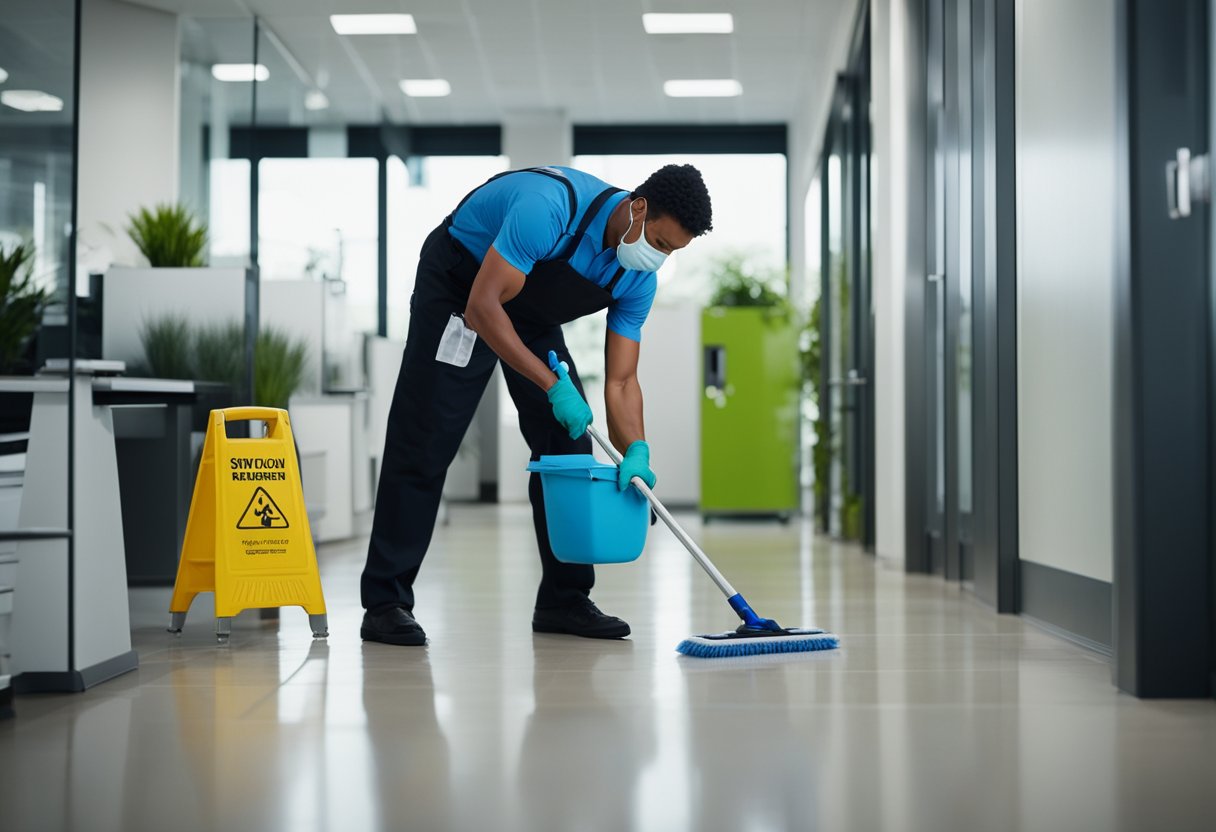 A janitorial staff member uses eco-friendly cleaning products to sanitize an office space, ensuring a safe and healthy work environment