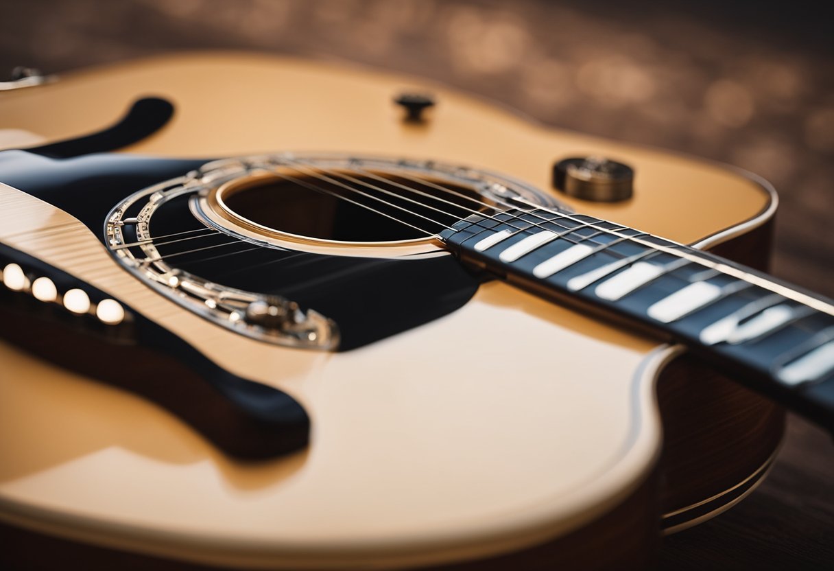 A close-up view of the Harmonics GE-20 guitar, with its sleek design and intricate details, set against a backdrop of warm, natural lighting