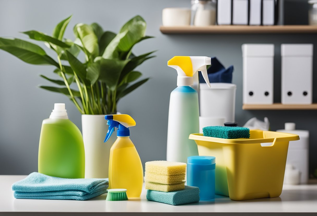 Eco-friendly cleaning supplies neatly arranged on a modern office desk, with a recycling bin and potted plants in the background