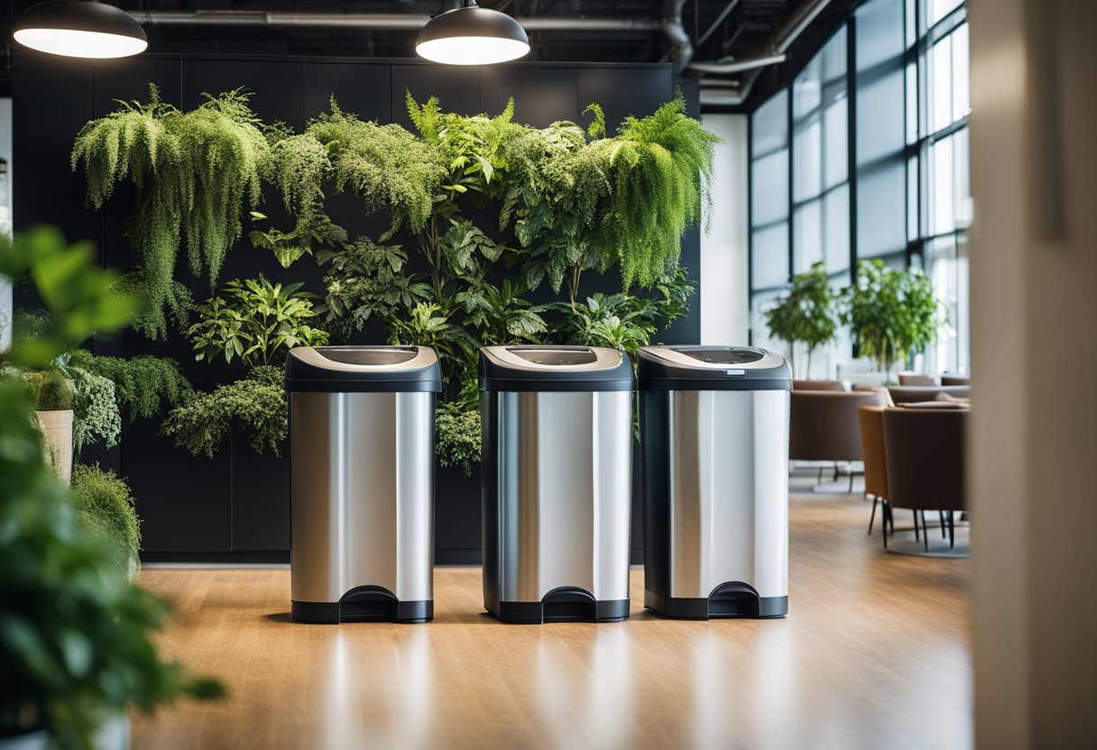 An office space with recycling bins. Plants and greenery are scattered throughout the space