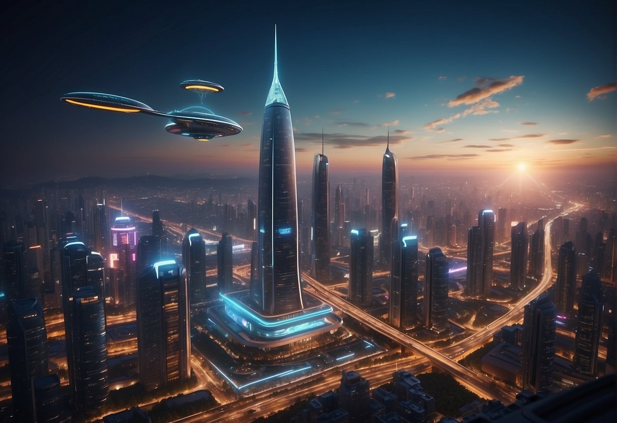 A futuristic cityscape with neon lights and holographic advertisements, towering skyscrapers, and flying vehicles in the sky