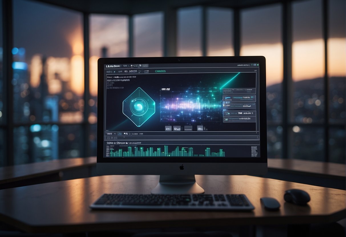 A computer screen displaying Vidnoz AI software, with a video editing interface and AI features