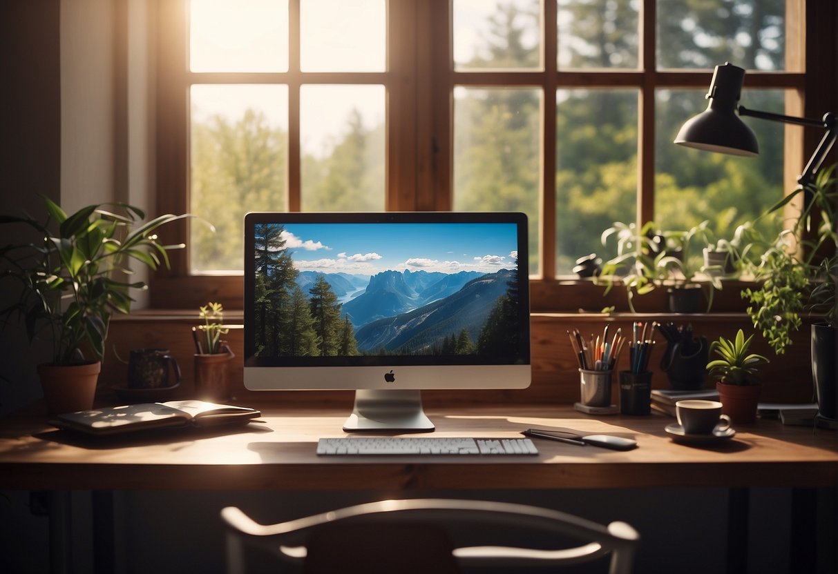 A desk with a computer, tablet, and stylus. A shelf with art supplies. A window with natural light