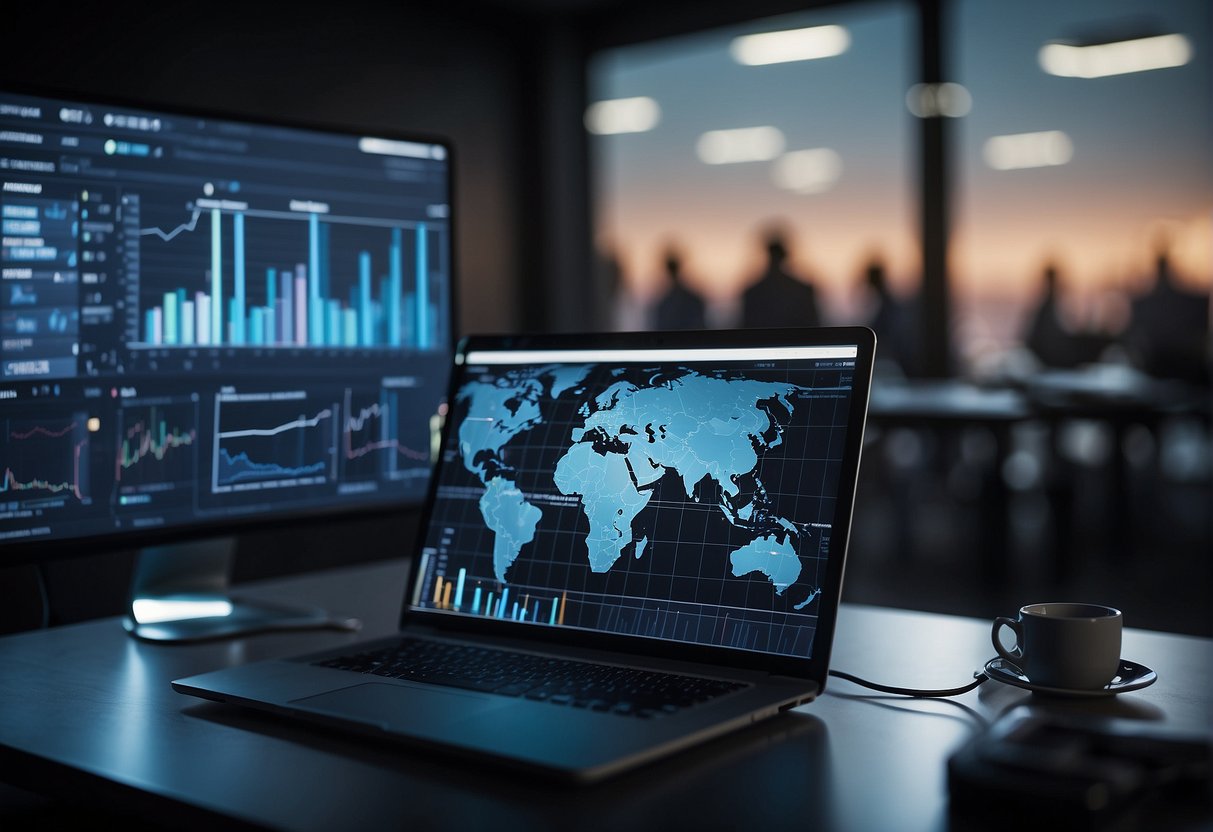 Vidnoz AI analyzing data, generating insights, and optimizing processes. Multiple devices connected and exchanging information. Bright, futuristic interface displaying graphs and charts