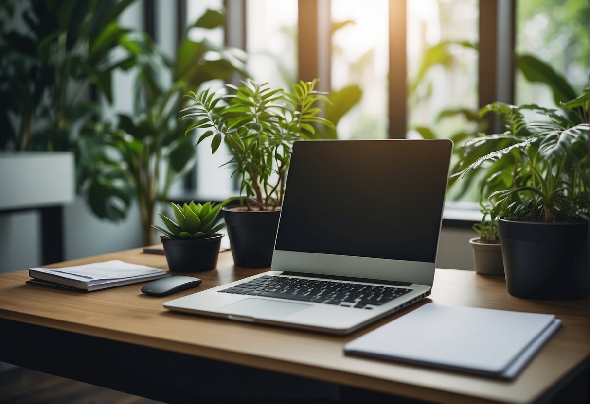 A modern office setting with a computer, notebook, and pen on a desk, surrounded by plants and natural light