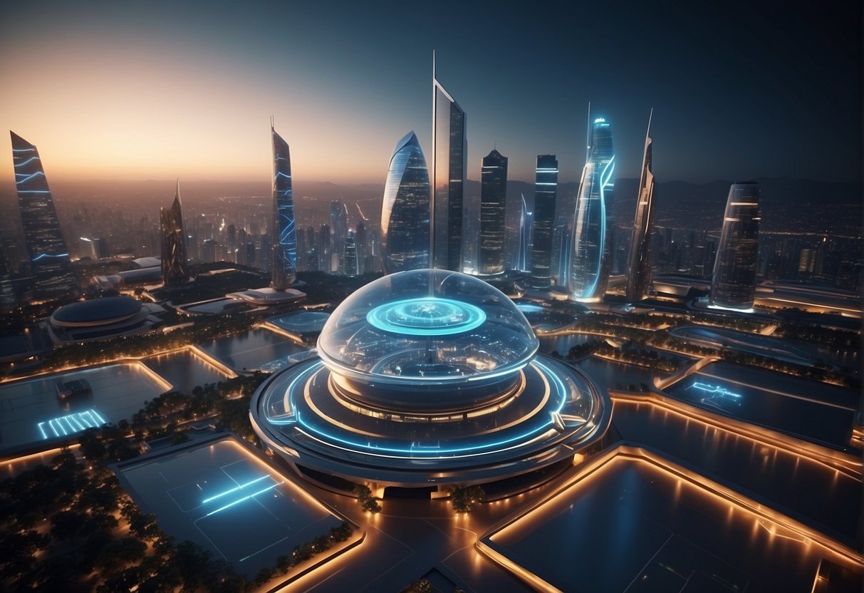A futuristic city skyline with holographic displays showcasing the Vidnoz Ai platform. Bright lights and sleek architecture convey modernity and sophistication