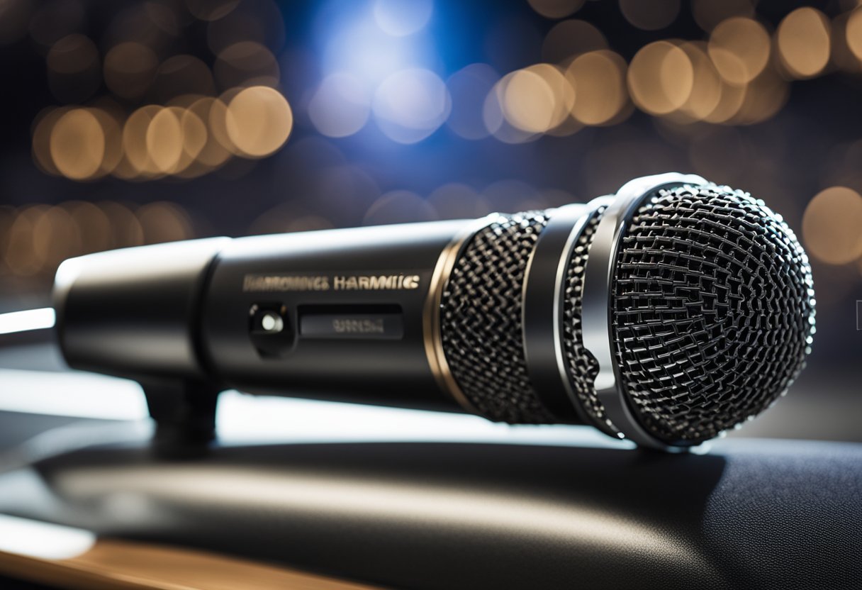 A close-up of the Harmonics HSF 102 microphone, showing its sleek design and high-quality construction