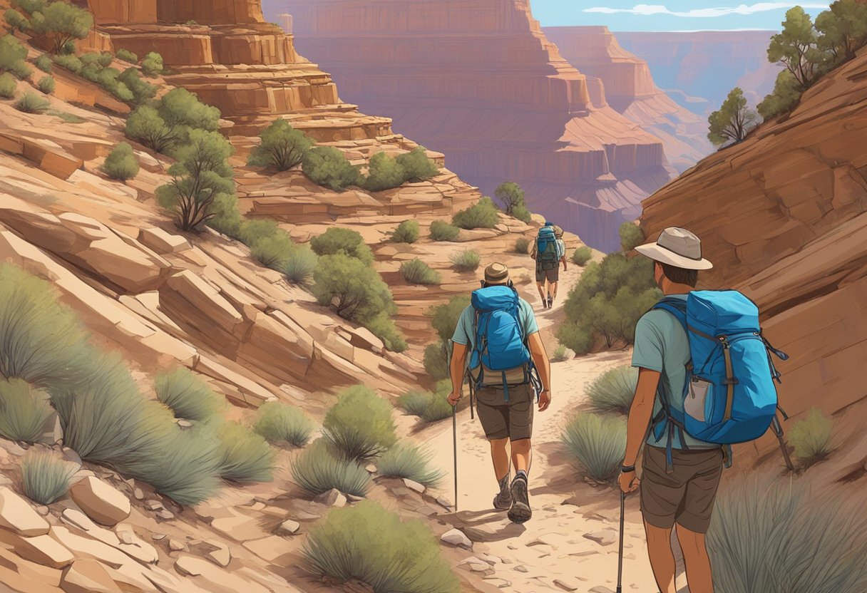 Hikers navigating steep trails, carrying proper gear, avoiding overexertion, and staying hydrated in Grand Canyon descent