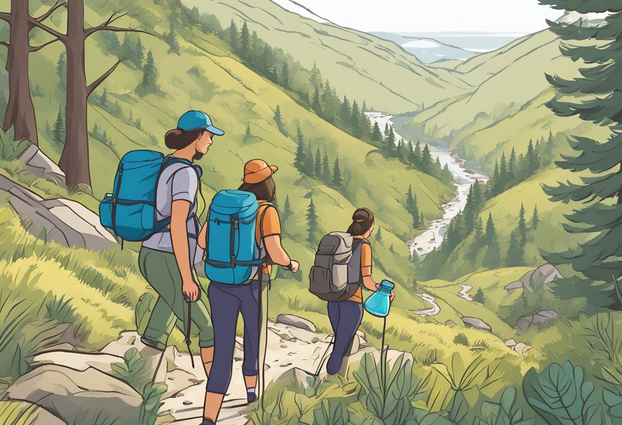 Hikers packing reusable water bottles, avoiding single-use plastics, and staying on designated trails. No littering, leaving food waste, or disturbing wildlife