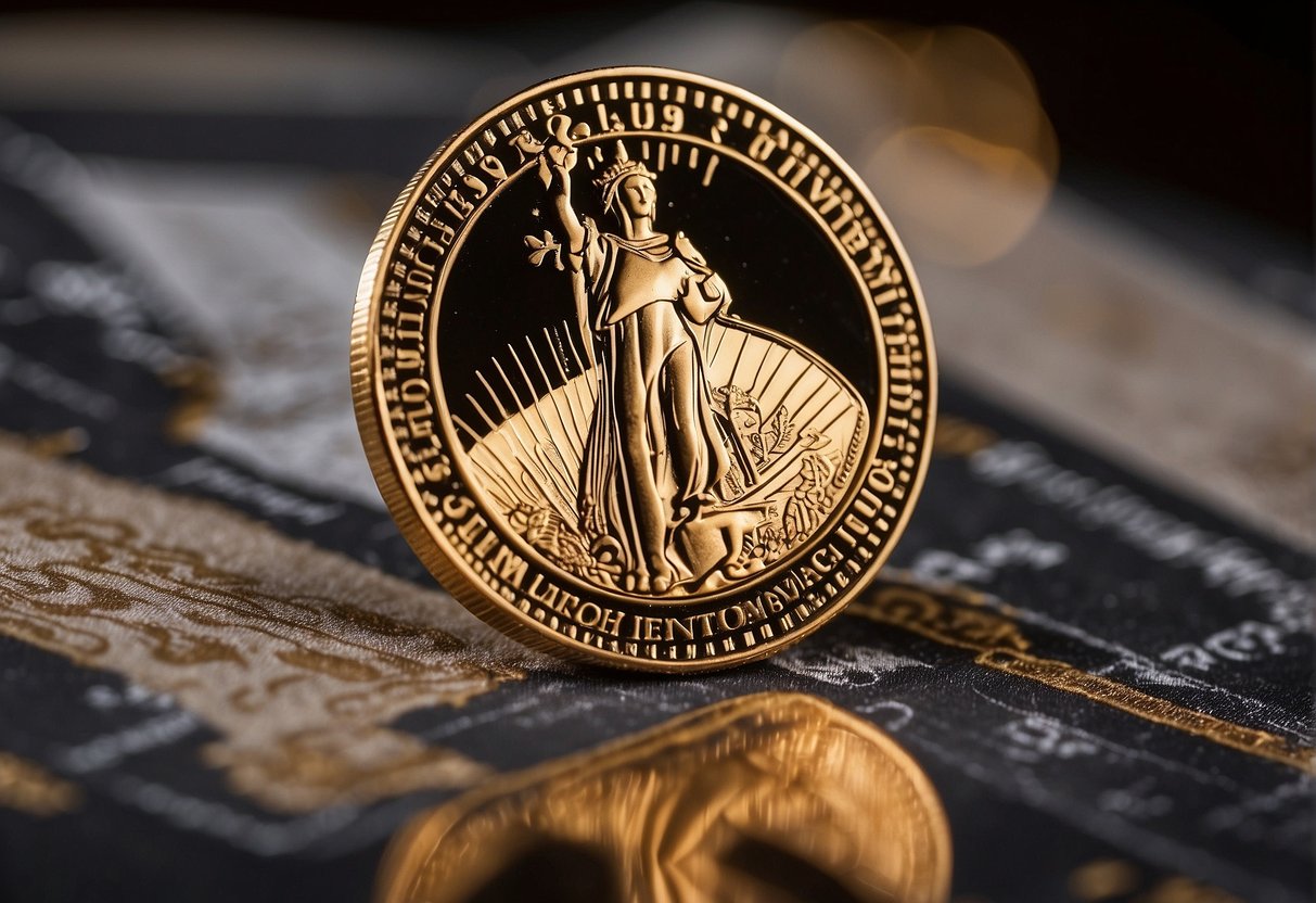A gold quarter resting on a velvet cushion, surrounded by historical price charts and graphs