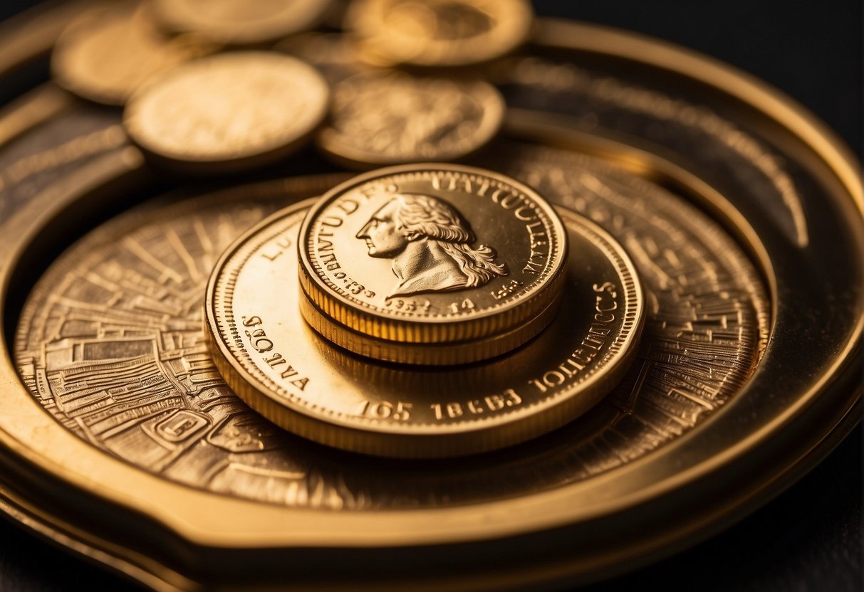 A gold quarter sits on a scale, surrounded by historical price charts and graphs. The value fluctuates over time, reflecting its changing worth