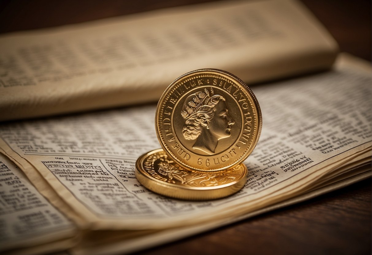 A gold quarter sits on a velvet cushion, surrounded by historical documents and price charts. Its value fluctuates over time