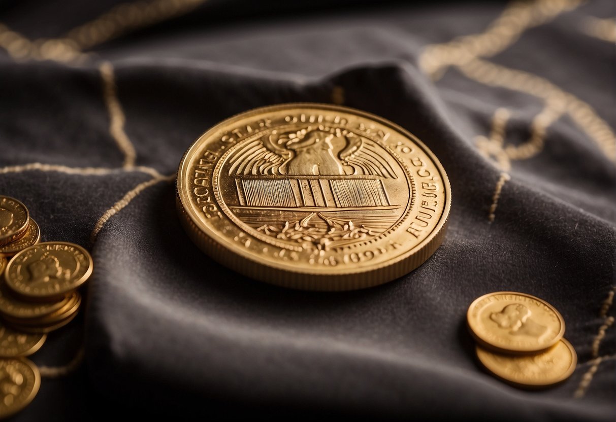 A gold quarter sits on a velvet cushion, surrounded by historical price charts and investment potential data