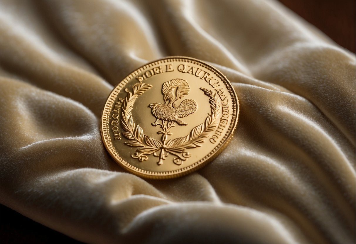 A gold quarter sits on a velvet cushion, gleaming in the soft light. Its intricate design and distinct weight make it a valuable collector's item. Price history charts adorn the walls, showcasing its fluctuating value over time